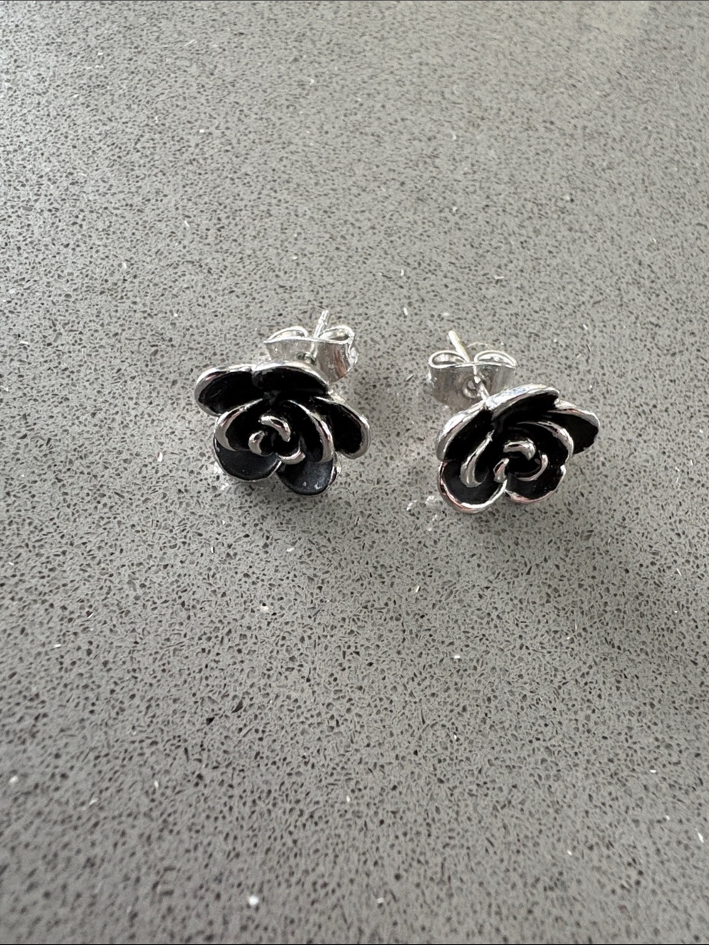 Vintage black rose silver tone earrings might be stainless steel